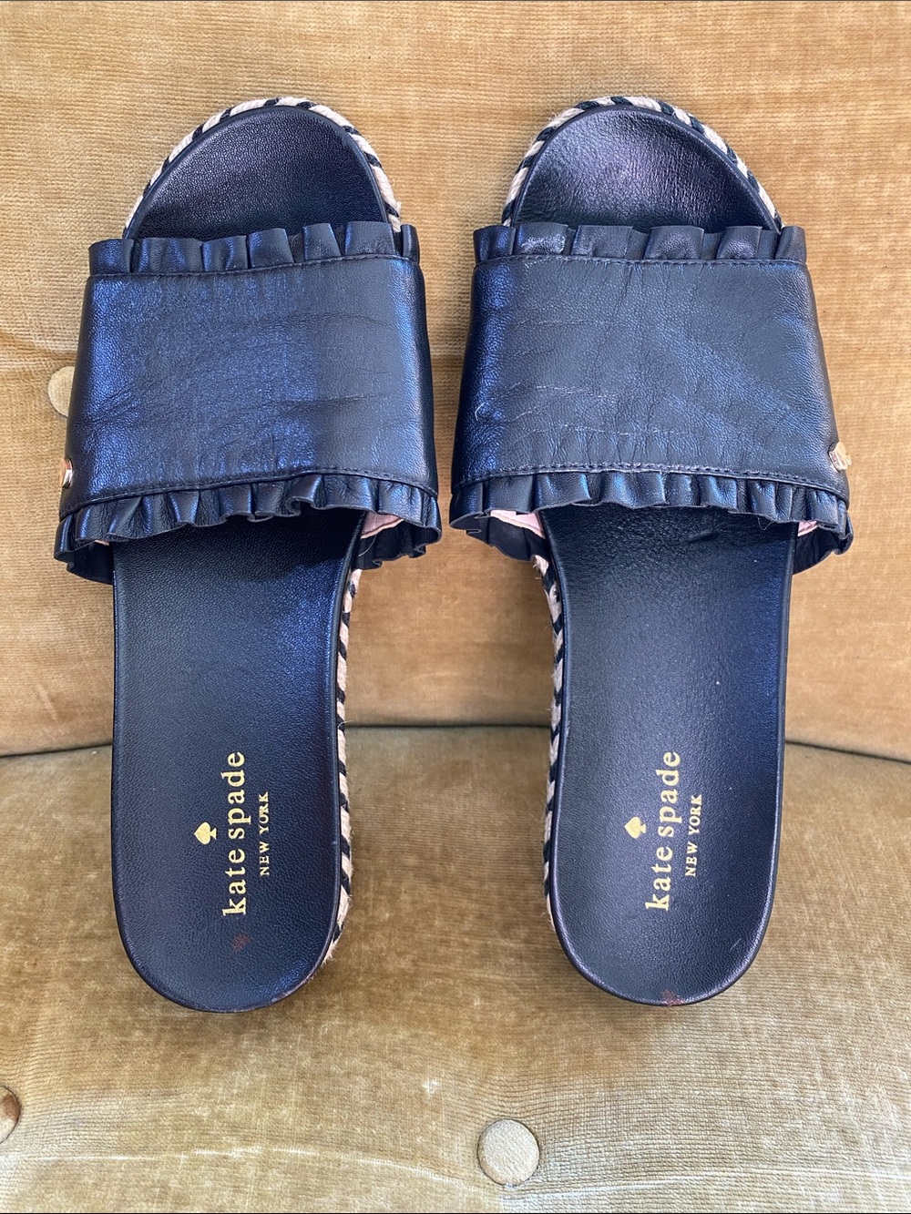 Kate Spade espadrille black leather slides, size 7 1/2, like new